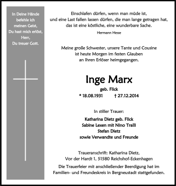 Anzeige von Inge Marx von Kölner Stadt-Anzeiger / Kölnische Rundschau / Express
