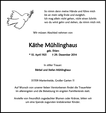 Anzeige von Käthe Mühlinghaus von Kölner Stadt-Anzeiger / Kölnische Rundschau / Express