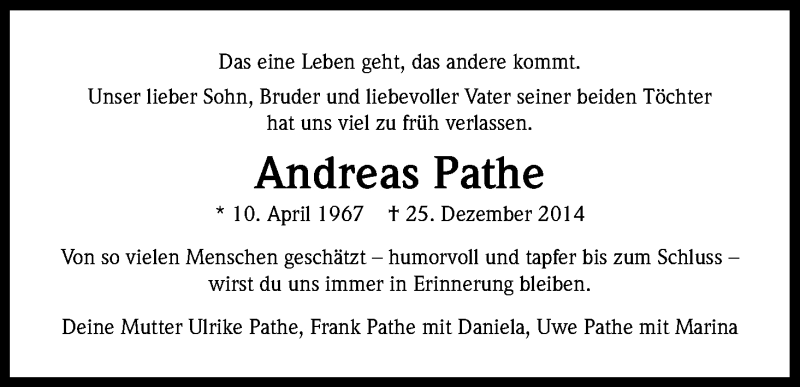  Traueranzeige für Andreas Pathe vom 03.01.2015 aus Kölner Stadt-Anzeiger / Kölnische Rundschau / Express