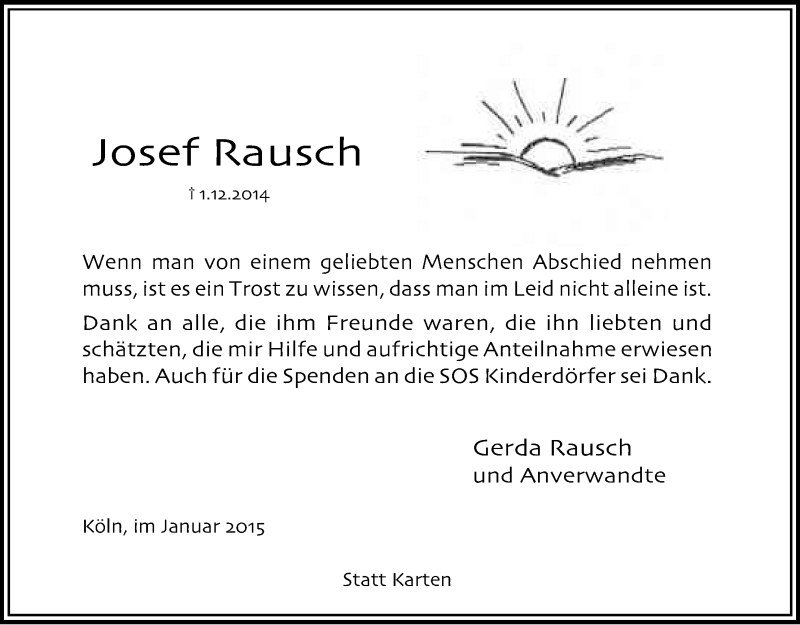  Traueranzeige für Josef Rausch vom 03.01.2015 aus Kölner Stadt-Anzeiger / Kölnische Rundschau / Express