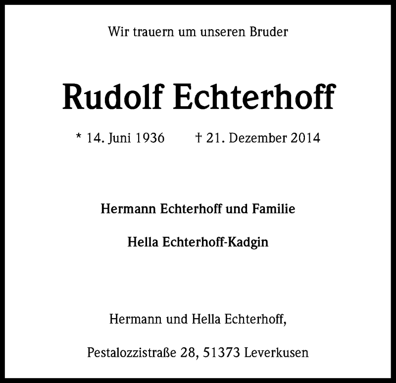  Traueranzeige für Rudolf Echterhoff vom 03.01.2015 aus Kölner Stadt-Anzeiger / Kölnische Rundschau / Express