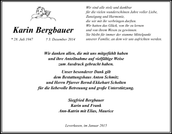 Anzeige von Karin Bergbauer von Kölner Stadt-Anzeiger / Kölnische Rundschau / Express