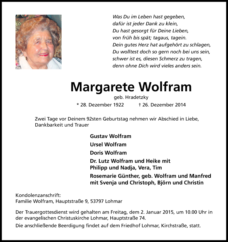  Traueranzeige für Margarete Wolfram vom 30.12.2014 aus Kölner Stadt-Anzeiger / Kölnische Rundschau / Express