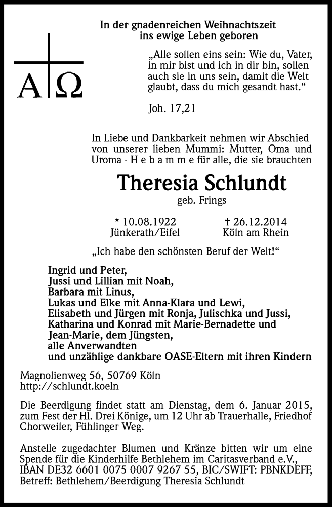  Traueranzeige für Theresia Schlundt vom 31.12.2014 aus Kölner Stadt-Anzeiger / Kölnische Rundschau / Express