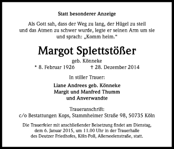 Anzeige von Margot Splettstößer von Kölner Stadt-Anzeiger / Kölnische Rundschau / Express