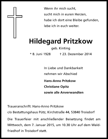 Anzeige von Hildegard Pritzkow von Kölner Stadt-Anzeiger / Kölnische Rundschau / Express