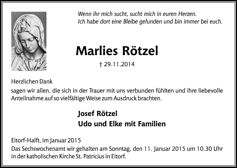  Traueranzeige für Marlies Rötzel vom 03.01.2015 aus Kölner Stadt-Anzeiger / Kölnische Rundschau / Express