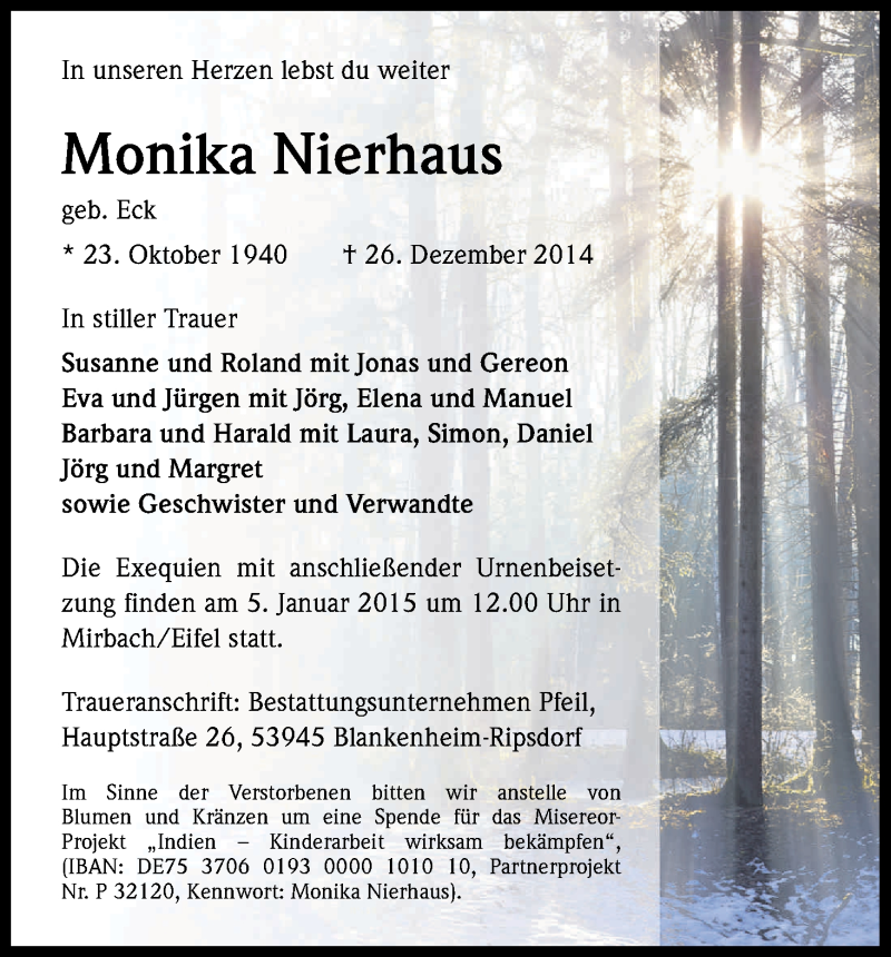  Traueranzeige für Monika Nierhaus vom 31.12.2014 aus Kölner Stadt-Anzeiger / Kölnische Rundschau / Express