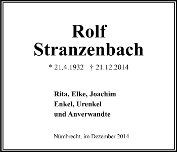 Anzeige von Rolf Stranzenbach von Kölner Stadt-Anzeiger / Kölnische Rundschau / Express