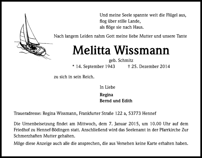  Traueranzeige für Melitta Wissmann vom 03.01.2015 aus Kölner Stadt-Anzeiger / Kölnische Rundschau / Express
