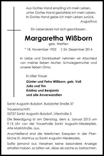 Anzeige von Margaretha Wißborn von Kölner Stadt-Anzeiger / Kölnische Rundschau / Express