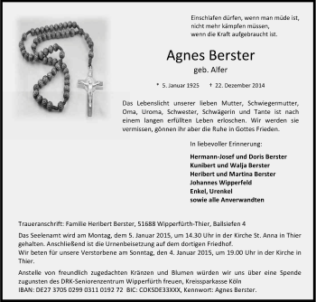 Anzeige von Agnes Berster von Kölner Stadt-Anzeiger / Kölnische Rundschau / Express