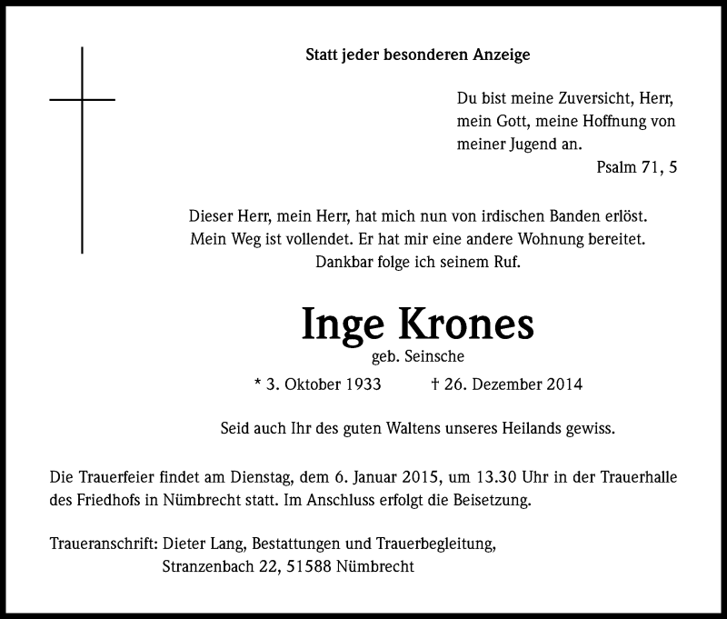  Traueranzeige für Inge Krones vom 31.12.2014 aus Kölner Stadt-Anzeiger / Kölnische Rundschau / Express
