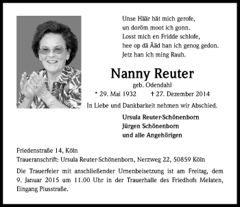 Anzeige von Nanny Reuter von Kölner Stadt-Anzeiger / Kölnische Rundschau / Express
