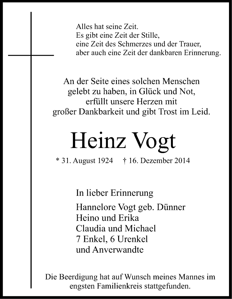  Traueranzeige für Heinz Vogt vom 03.01.2015 aus Kölner Stadt-Anzeiger / Kölnische Rundschau / Express