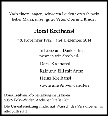 Anzeige von Horst Kreihansl von Kölner Stadt-Anzeiger / Kölnische Rundschau / Express