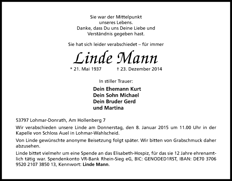  Traueranzeige für Linde Mann vom 03.01.2015 aus Kölner Stadt-Anzeiger / Kölnische Rundschau / Express
