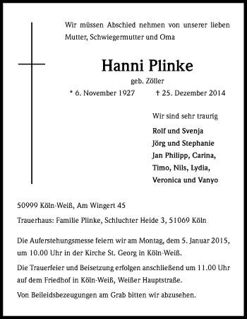 Anzeige von Hanni Plinke von Kölner Stadt-Anzeiger / Kölnische Rundschau / Express