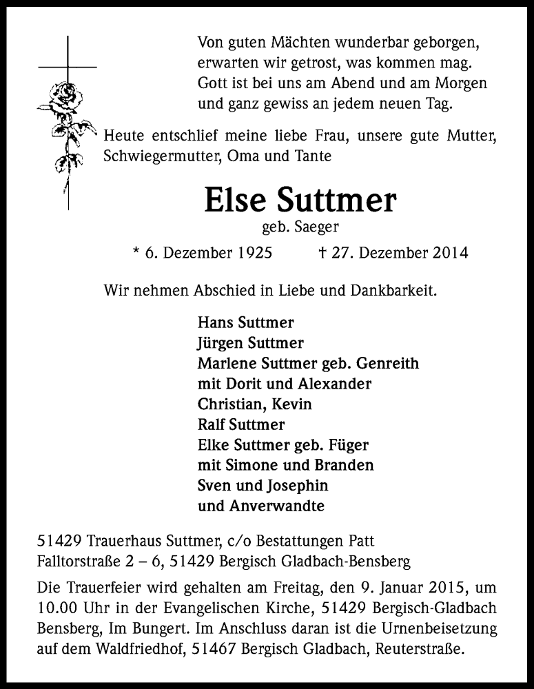  Traueranzeige für Else Suttmer vom 02.01.2015 aus Kölner Stadt-Anzeiger / Kölnische Rundschau / Express