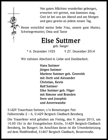 Anzeige von Else Suttmer von Kölner Stadt-Anzeiger / Kölnische Rundschau / Express