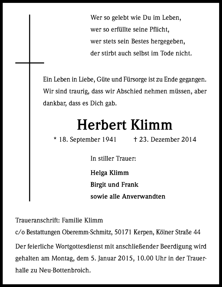  Traueranzeige für Herbert Klimm vom 02.01.2015 aus Kölner Stadt-Anzeiger / Kölnische Rundschau / Express