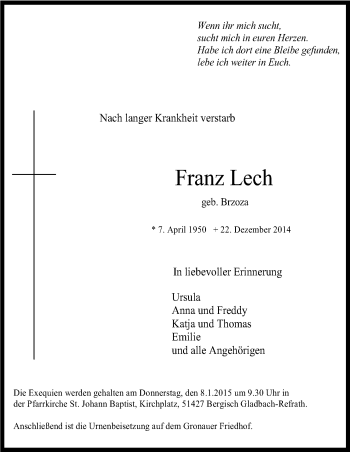 Anzeige von Franz Lech von Kölner Stadt-Anzeiger / Kölnische Rundschau / Express