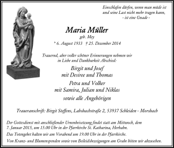 Anzeige von Maria Müller von Kölner Stadt-Anzeiger / Kölnische Rundschau / Express