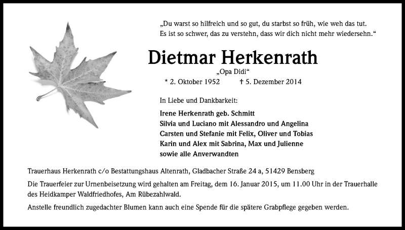  Traueranzeige für Dietmar Herkenrath vom 10.01.2015 aus Kölner Stadt-Anzeiger / Kölnische Rundschau / Express