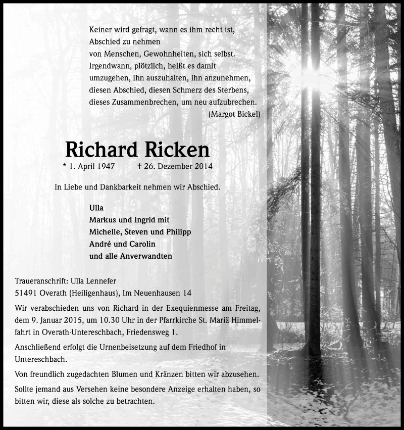  Traueranzeige für Richard Ricken vom 03.01.2015 aus Kölner Stadt-Anzeiger / Kölnische Rundschau / Express