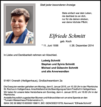 Anzeige von Elfriede Schmitt von Kölner Stadt-Anzeiger / Kölnische Rundschau / Express