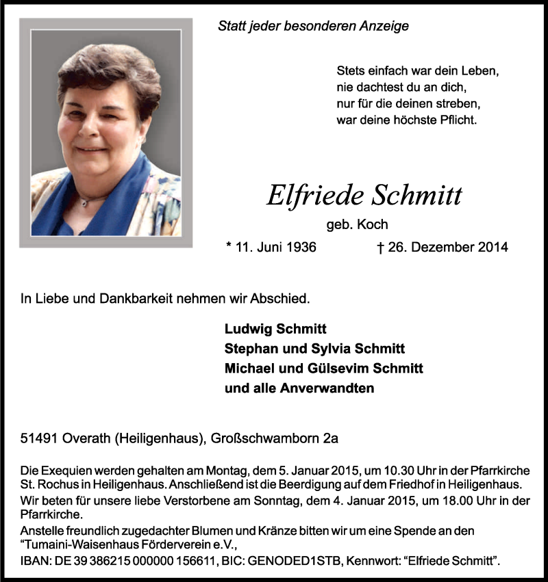  Traueranzeige für Elfriede Schmitt vom 31.12.2014 aus Kölner Stadt-Anzeiger / Kölnische Rundschau / Express