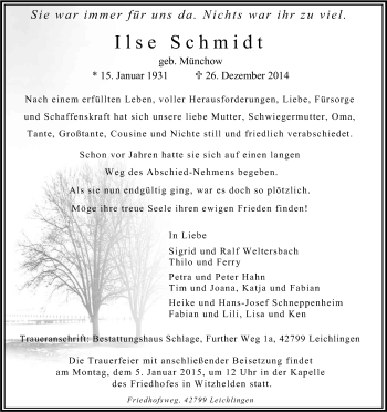 Anzeige von Ilse Schmidt von Kölner Stadt-Anzeiger / Kölnische Rundschau / Express