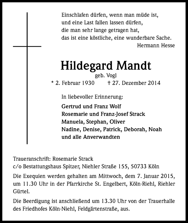  Traueranzeige für Hildegard Mandt vom 03.01.2015 aus Kölner Stadt-Anzeiger / Kölnische Rundschau / Express