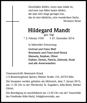 Anzeige von Hildegard Mandt von Kölner Stadt-Anzeiger / Kölnische Rundschau / Express