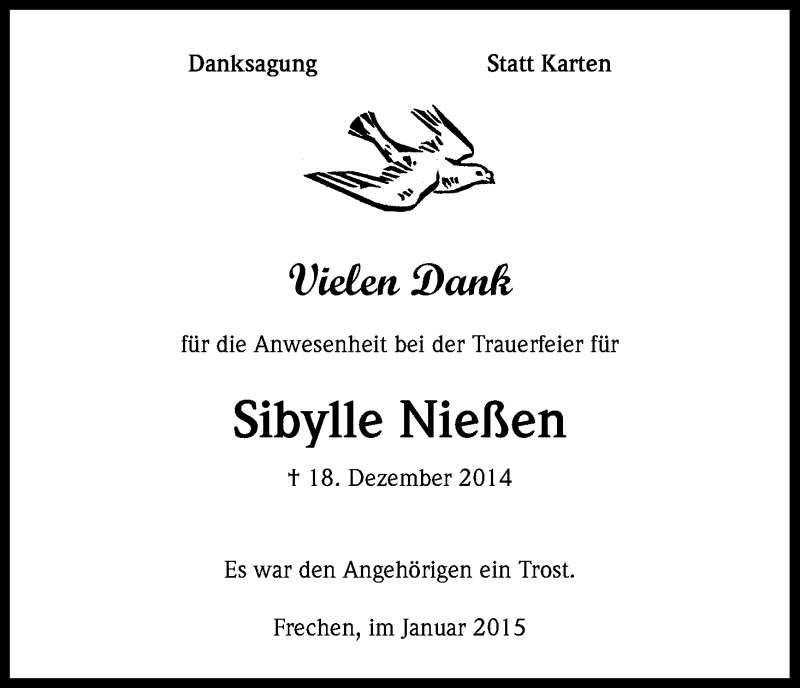  Traueranzeige für Sibylle Nießen vom 03.01.2015 aus Kölner Stadt-Anzeiger / Kölnische Rundschau / Express