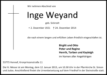 Anzeige von Inge Weyand von Kölner Stadt-Anzeiger / Kölnische Rundschau / Express