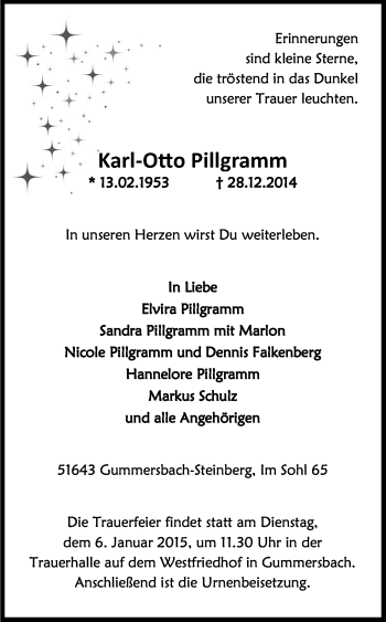 Anzeige von Karl-Otto Pillgramm von Kölner Stadt-Anzeiger / Kölnische Rundschau / Express