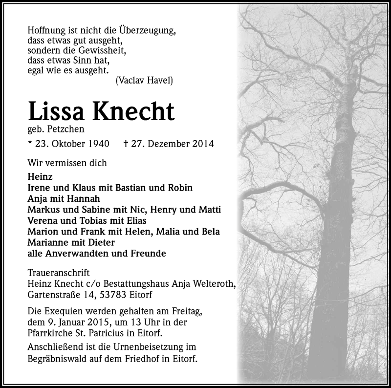  Traueranzeige für Lissa Knecht vom 03.01.2015 aus Kölner Stadt-Anzeiger / Kölnische Rundschau / Express