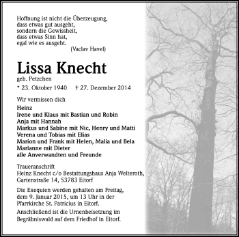Anzeige von Lissa Knecht von Kölner Stadt-Anzeiger / Kölnische Rundschau / Express