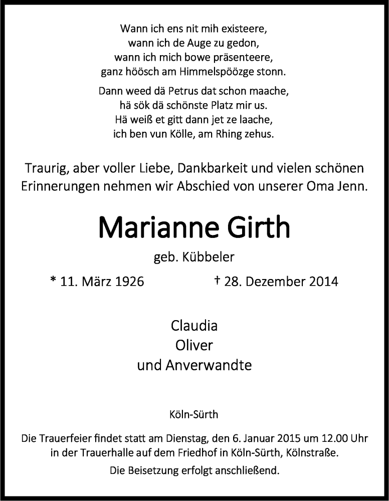  Traueranzeige für Marianne Girth vom 03.01.2015 aus Kölner Stadt-Anzeiger / Kölnische Rundschau / Express