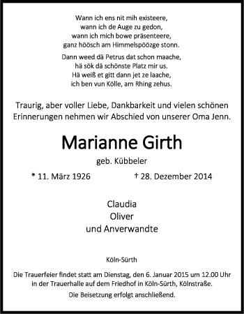 Anzeige von Marianne Girth von Kölner Stadt-Anzeiger / Kölnische Rundschau / Express