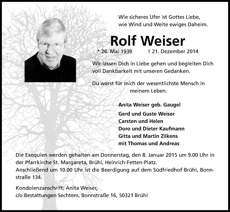  Traueranzeige für Rolf Weiser vom 31.12.2014 aus Kölner Stadt-Anzeiger / Kölnische Rundschau / Express