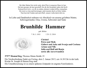 Anzeige von Brunhilde Hammer von Kölner Stadt-Anzeiger / Kölnische Rundschau / Express