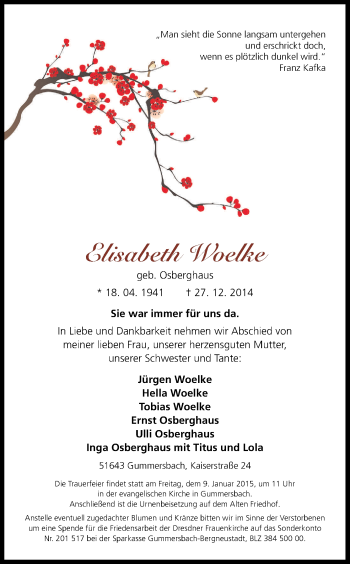 Anzeige von Elisabeth Woelke von Kölner Stadt-Anzeiger / Kölnische Rundschau / Express