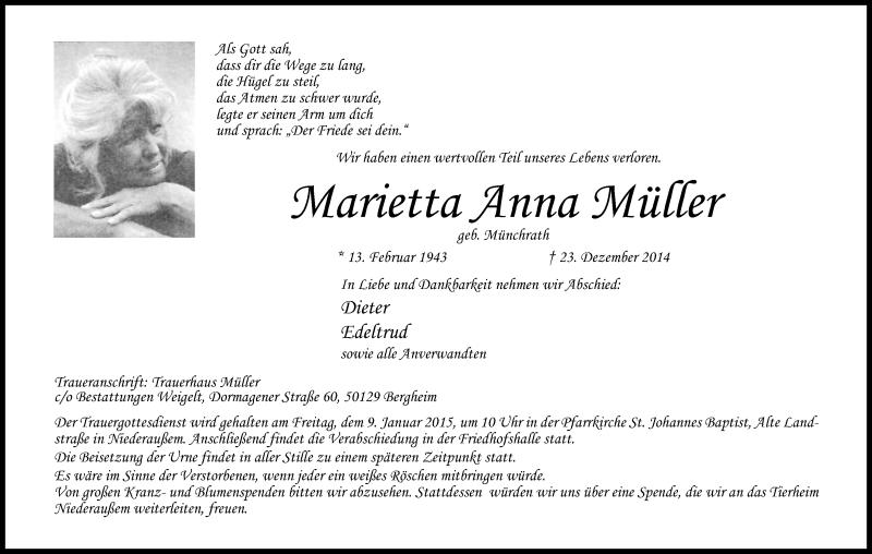  Traueranzeige für Marietta Anna Müller vom 05.01.2015 aus Kölner Stadt-Anzeiger / Kölnische Rundschau / Express
