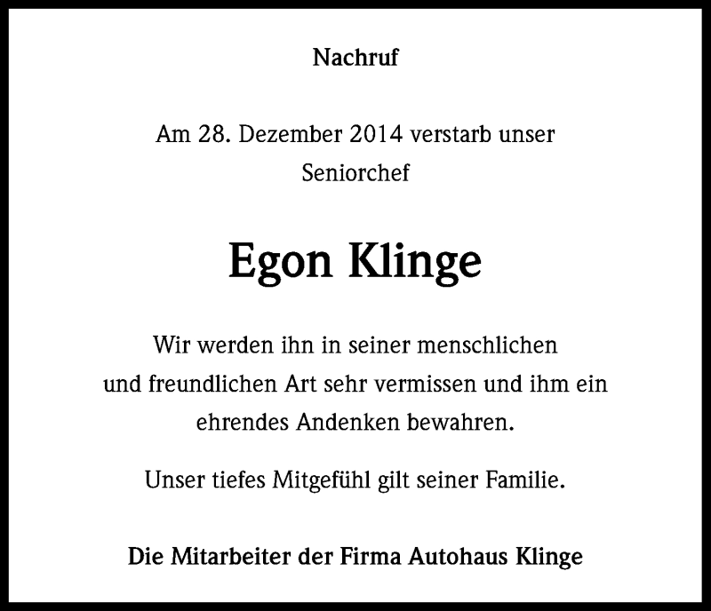  Traueranzeige für Egon Klinge vom 31.12.2014 aus Kölner Stadt-Anzeiger / Kölnische Rundschau / Express