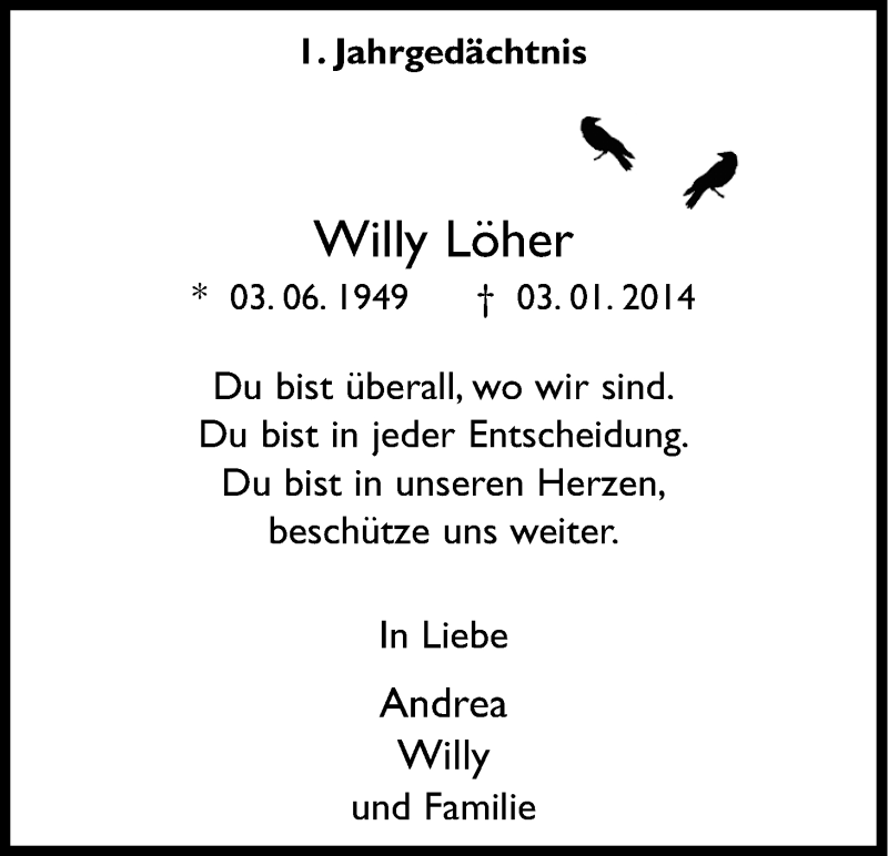  Traueranzeige für Willy Löher vom 03.01.2015 aus Kölner Stadt-Anzeiger / Kölnische Rundschau / Express