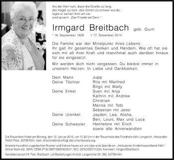 Anzeige von Irmgard Breitbach von Kölner Stadt-Anzeiger / Kölnische Rundschau / Express