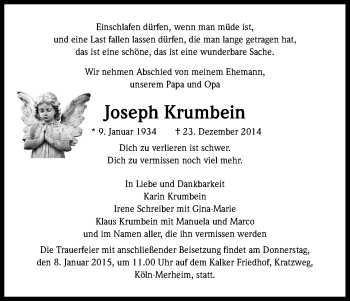 Anzeige von Joseph Krumbein von Kölner Stadt-Anzeiger / Kölnische Rundschau / Express