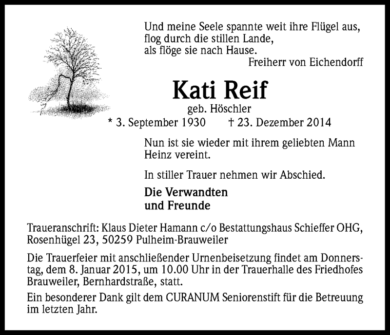  Traueranzeige für Kati Reif vom 03.01.2015 aus Kölner Stadt-Anzeiger / Kölnische Rundschau / Express